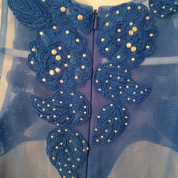 Anny Lee Blue Sequined Lace Wedding Prom Cocktail Evening Gown Dress Small - Picture 13 of 15